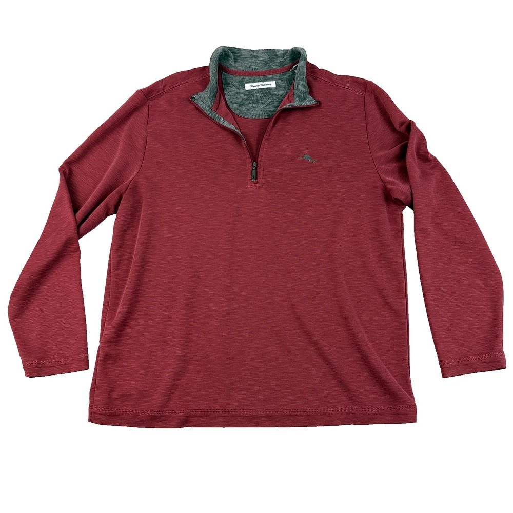 Tommy Bahama Pullover Men Large Red Quarter Zip Slub Knit Tropical Trim